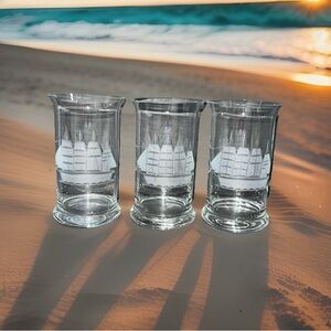 3 TOSCANY Tumblers Etched CLIPPER SHIP CRYSTAL Clear Glass Cocktail Highball Set